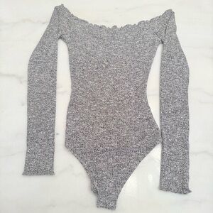 Garage Ribbed Lettuce Off-The-Shoulder Bodysuit Heather Grey - Size XS